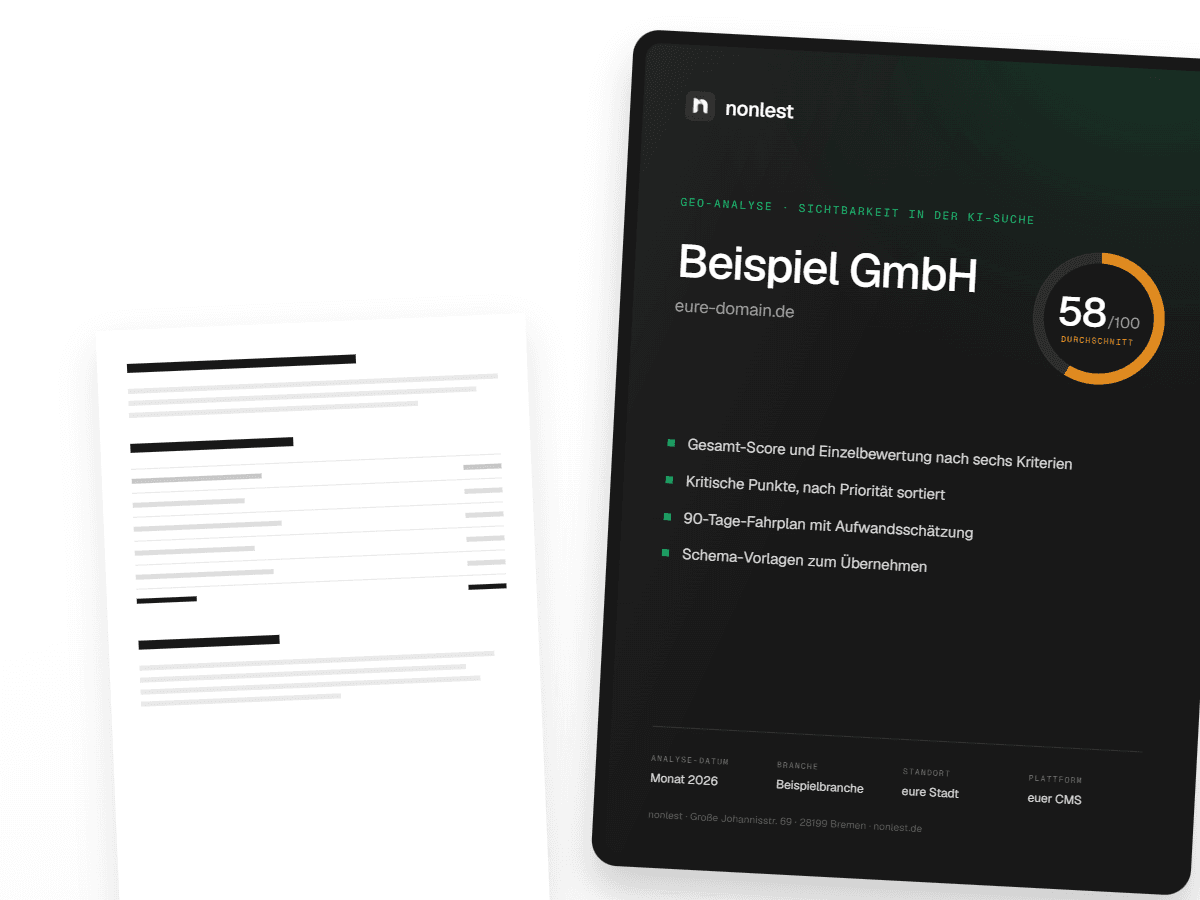Der GEO-Report auf einem Tablet: Titelseite mit dem Gesamt-Score 58 von 100, dahinter eine gedruckte Innenseite